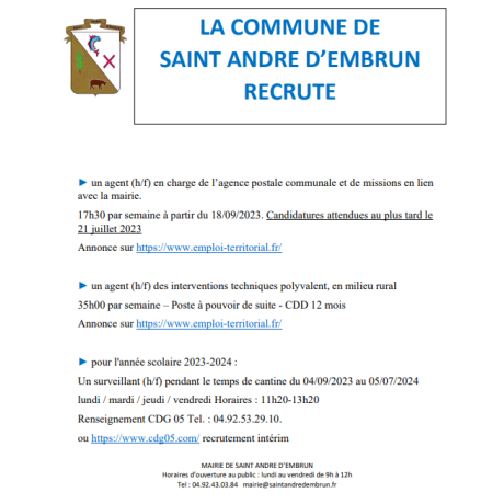 Offres d'emploi juillet 2023 à St André d'Embrun