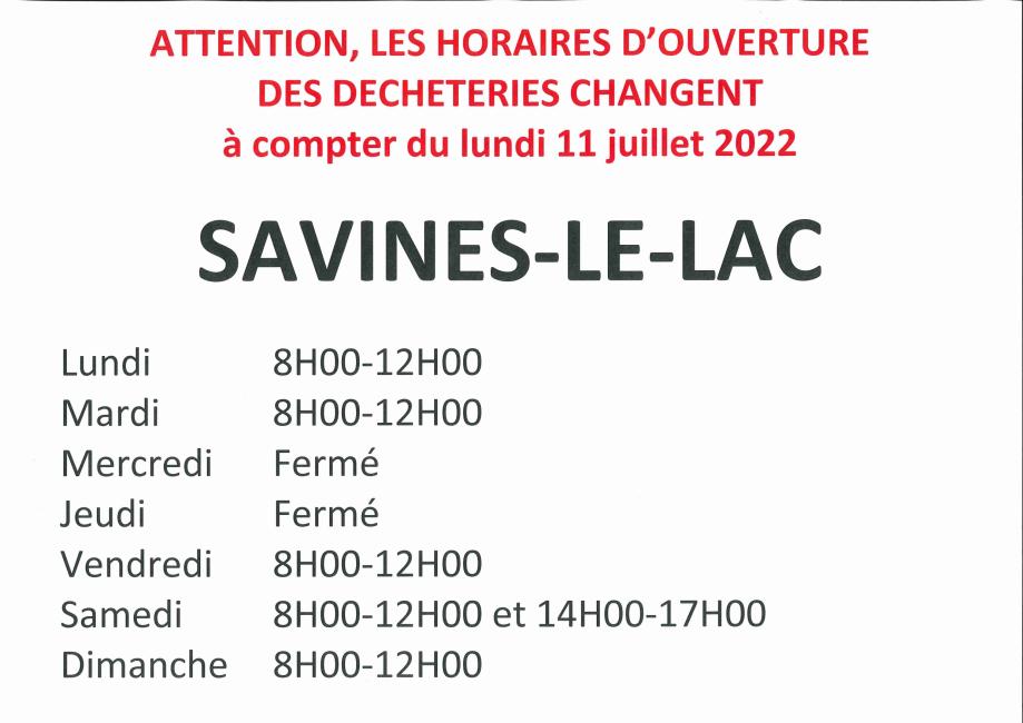 2022 07- SAVINES LE LAC Déchèterie nouveaux horaires