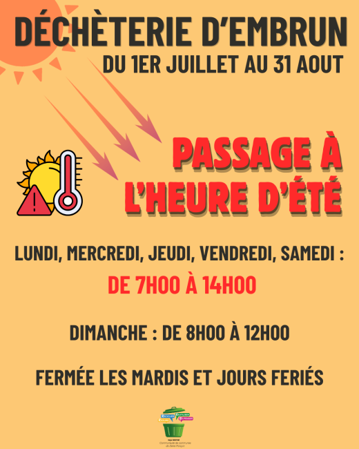 Horaires d'ouverture - Eté 2026