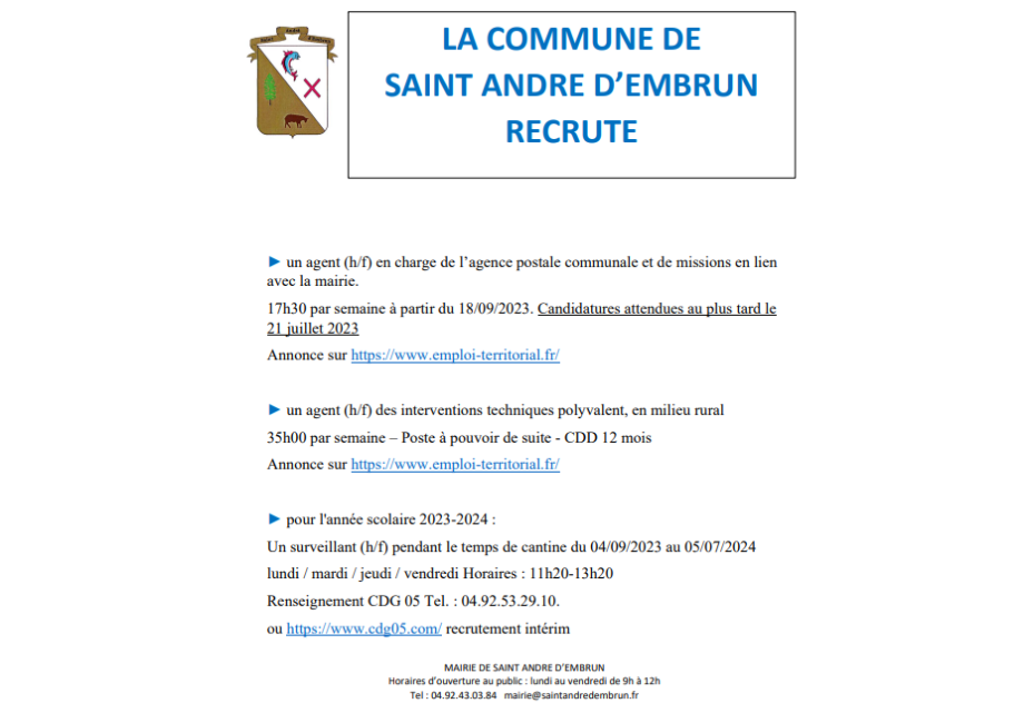 Offres d'emploi juillet 2023 à St André d'Embrun